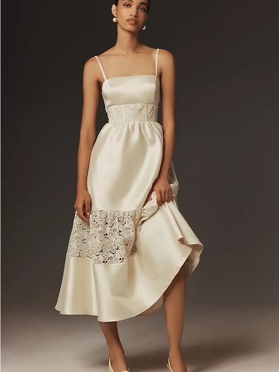 BHLDN Dresses & Skirts - BHLDN Cream Satin Lace-Panel Midi Dress